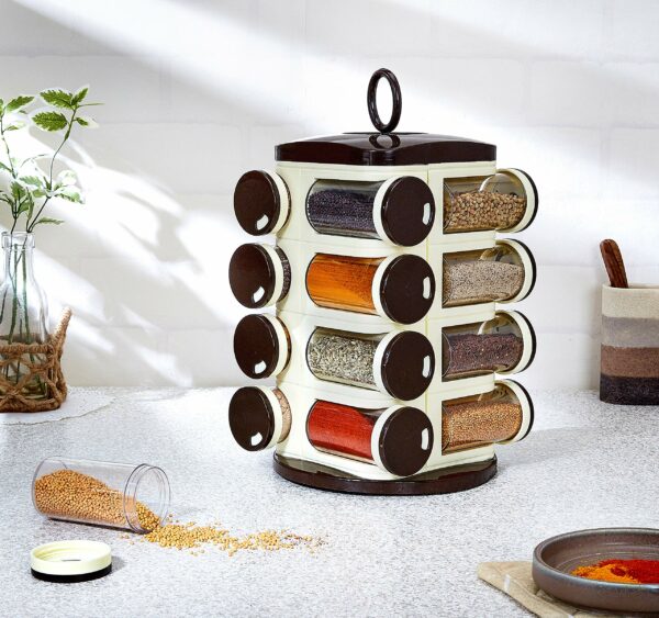 Sanskriti Exports - Plastic Revolving Spice Rack Set of 16 Pieces, (Dark Brown, Standard Size)