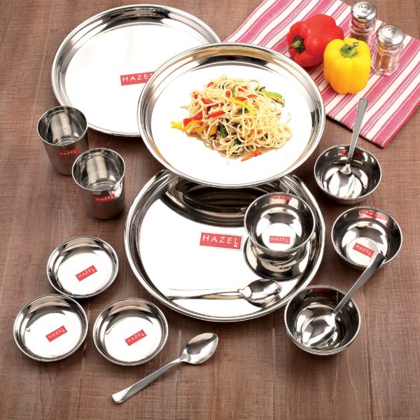 Sanskriti Exports Stainless Steel Dinner Set of 36 Pieces | 6 Plates, 6 Glasses, 12 Serving Bowls, 6 Dessert Plates, 6 Spoons