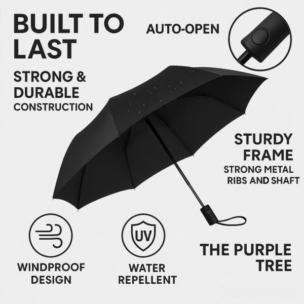 Windproof 2-Fold Black Umbrella | 23-Inch Canopy | Travel-Friendly - Image 6