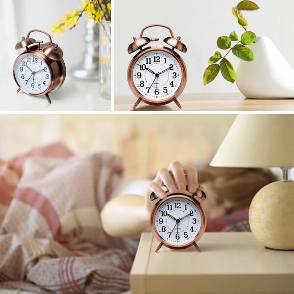 Twin Bell Copper Alarm Clock with LED Light - Vintage Rose Gold - Image 2