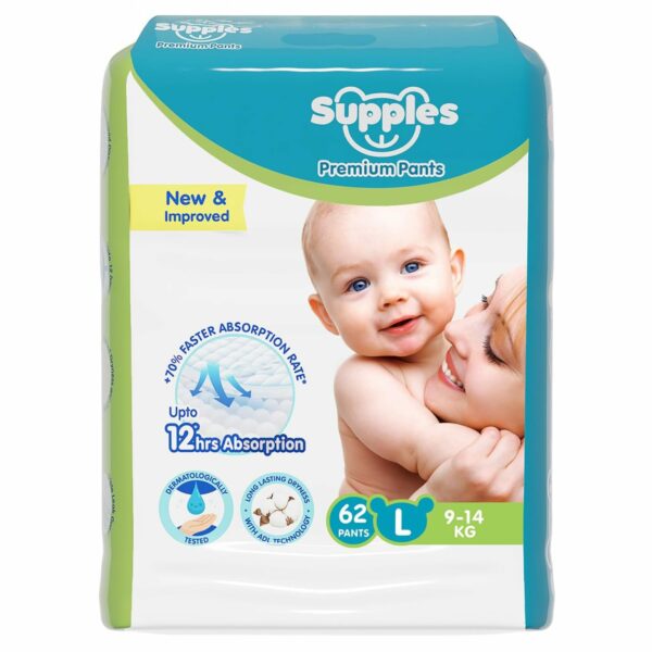 Supples Premium Baby Diaper Pants, Large, 62 Count, 12 Hrs Absorption