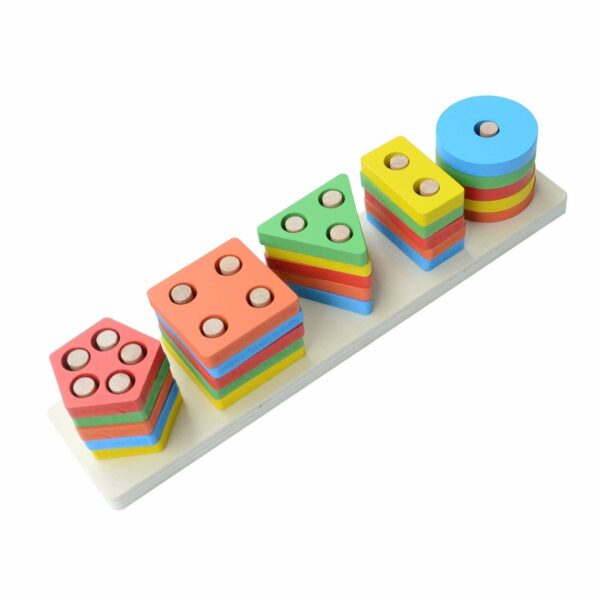 Kids Wooden Geometric Blocks Stacker Shape Sorter - 5 Columns - Image 5