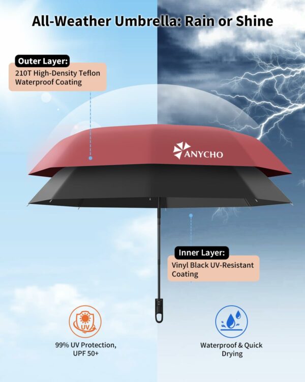 Compact 3-Fold Travel Umbrella with Carabiner Handle for UV Protection & Rain - Image 3
