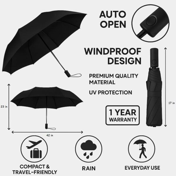 Windproof 2-Fold Black Umbrella | 23-Inch Canopy | Travel-Friendly - Image 5