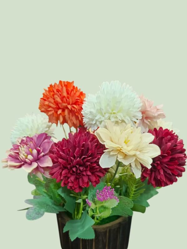 Artificial Dahlia Flower Bunch with Wooden Pot - 25cm Multicolor - Image 2