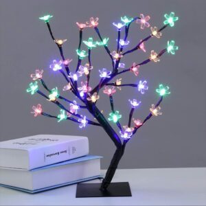 LED Cherry Blossom Bonsai Tree Lamp - 18 Inch, 28 Multicolor LEDs, Adjustable Branches
