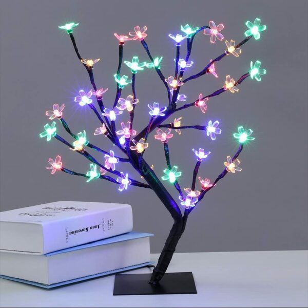 LED Cherry Blossom Bonsai Tree Lamp - 18 Inch, 28 Multicolor LEDs, Adjustable Branches