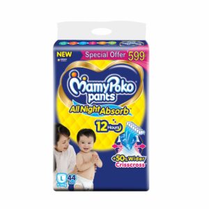 All Night Absorb Baby Diapers, Large (L), 44 Count, 9-14 kg