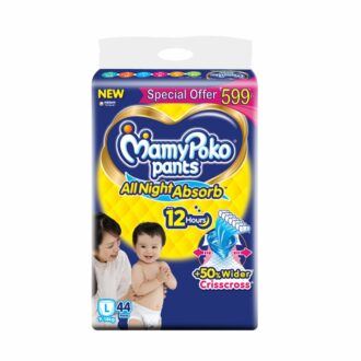 All Night Absorb Baby Diapers, Large (L), 44 Count, 9-14 kg