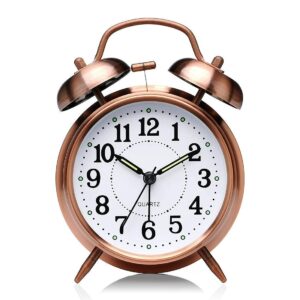 Twin Bell Copper Alarm Clock with LED Light - Vintage Rose Gold