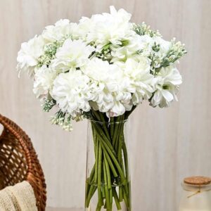 Artificial Dahlia Flowers - 7-Stem Faux Bouquet, White