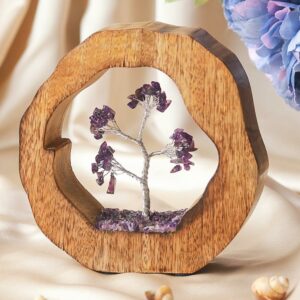Amethyst Crystal Tree Set in Wooden Ring for Chakra Healing