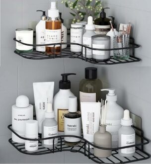 Pack of 2 Self-Adhesive Corner Shelf for Bathroom & Kitchen - No Drilling, Black (8 & 9 Inch)