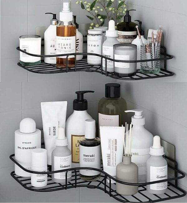 Pack of 2 Self-Adhesive Corner Shelf for Bathroom & Kitchen - No Drilling, Black (8 & 9 Inch)
