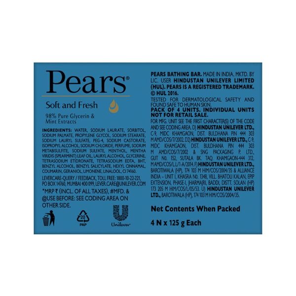 Pears Soft & Fresh Soap Bar Combo (4 Pack) - Glycerin & Mint - Image 2