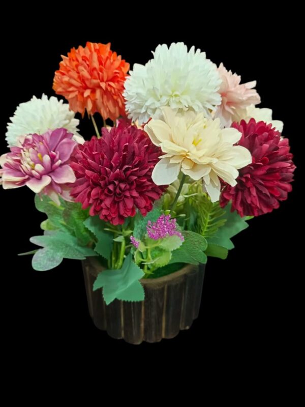 Artificial Dahlia Flower Bunch with Wooden Pot - 25cm Multicolor - Image 4
