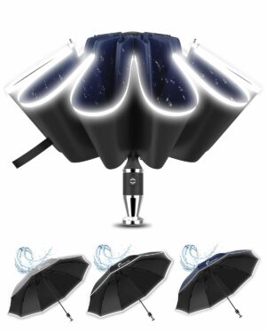 Inverted Travel Umbrella with Reflective Strip & UV Protection