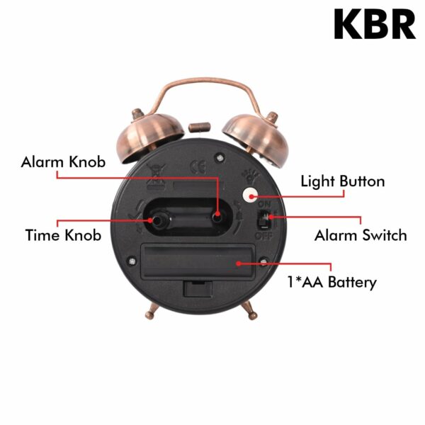Vintage Twin Bell Alarm Clock with LED Light - Extra Loud - Image 4