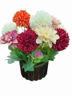 Artificial Dahlia Flower Bunch with Wooden Pot - 25cm Multicolor