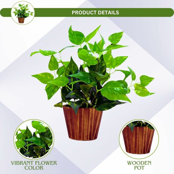 Artificial Money Plant Leaves in Wood Pot - Home & Office Decor - Image 2