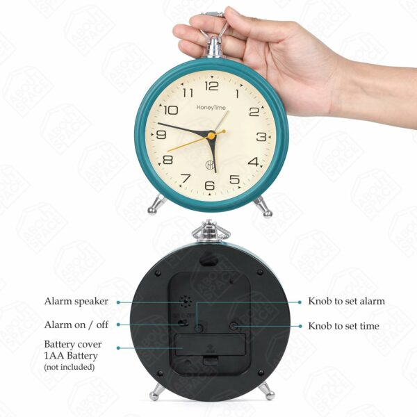 Silent Analog Alarm Clock - Vintage Design, Loud Alarm, 13 cm Blue - Image 3