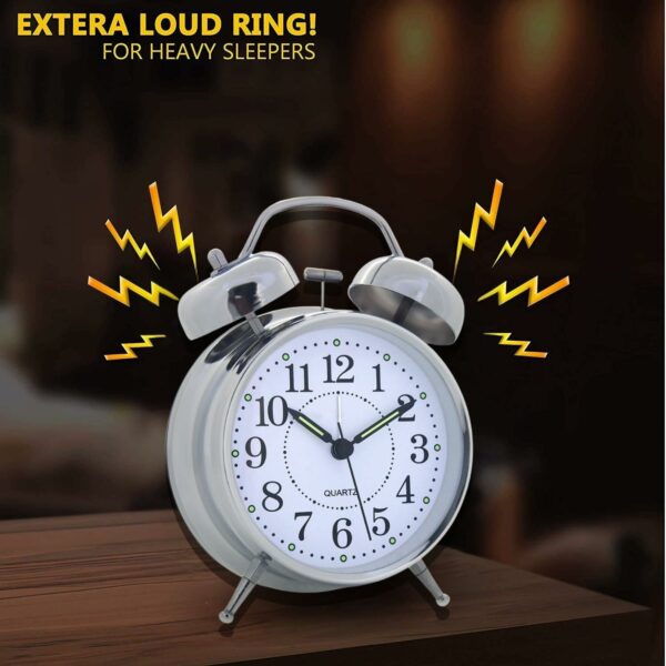 Vintage Twin Bell Alarm Clock - Battery Operated Silver - Image 4