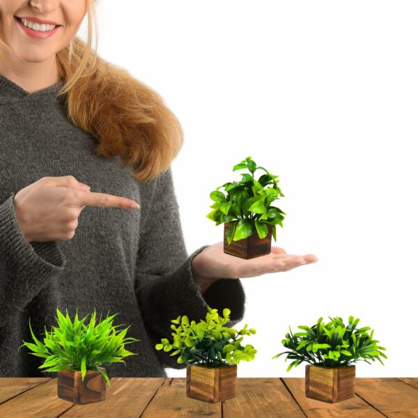 4 Pack Artificial Potted Eucalyptus Plants in Wooden Pots - Image 6