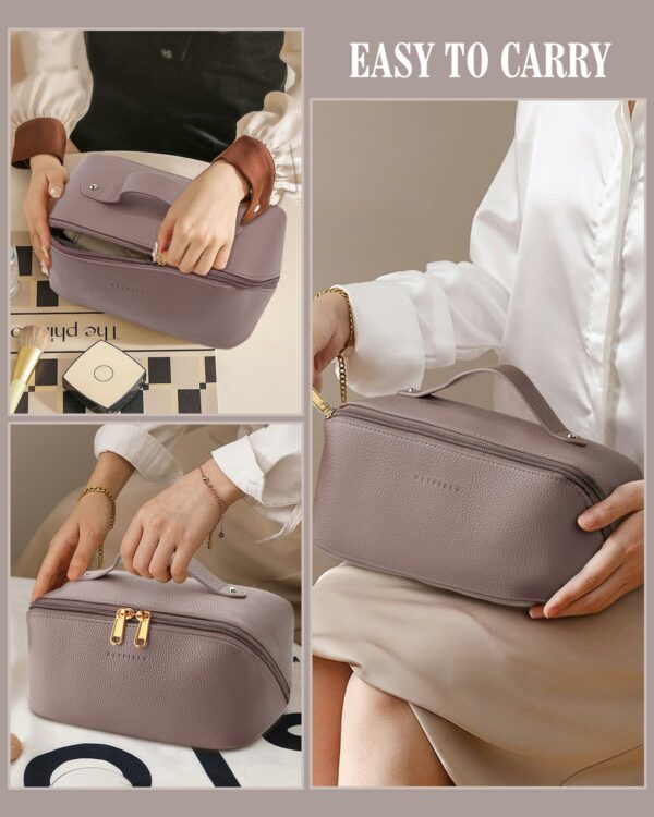 Large Capacity Litchi Leather Makeup Bag for Women - Pink - Image 5