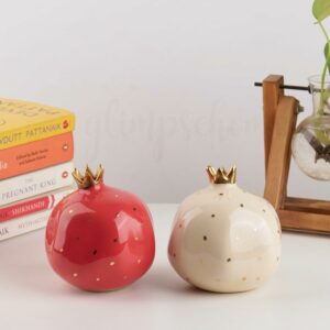 Set of 2 Ceramic Pomegranate Showpieces with Gold Crown - 4 inch