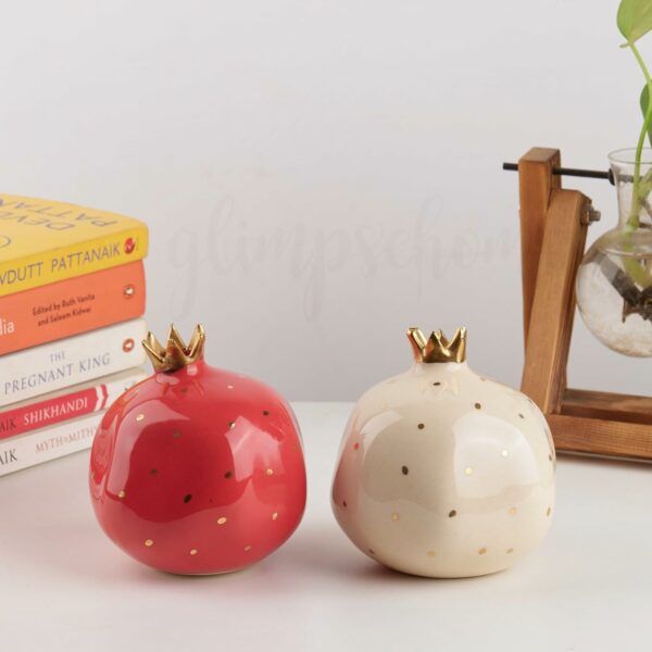 Set of 2 Ceramic Pomegranate Showpieces with Gold Crown - 4 inch