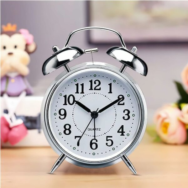 Vintage Twin Bell Alarm Clock - Battery Operated Silver