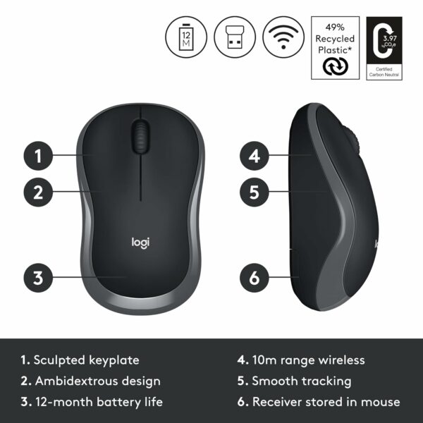 Logitech M186 Wireless Mouse - 2.4GHz, 1000 DPI, Ambidextrous - Image 3