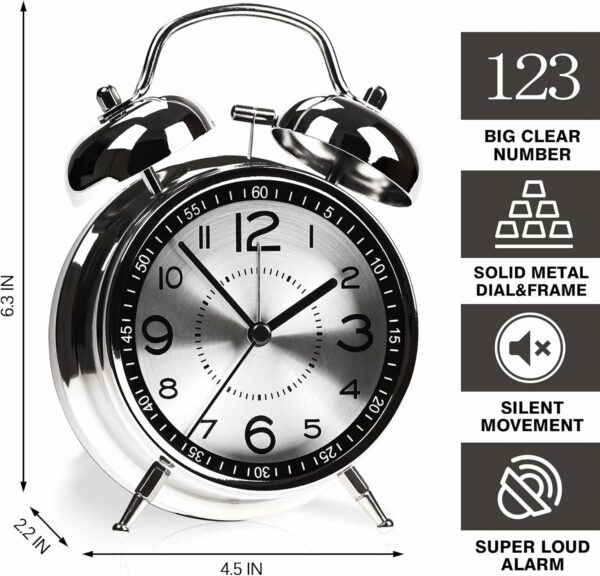 Loud Twin Bell Alarm Clock for Heavy Sleepers - Metal Silver - Image 2