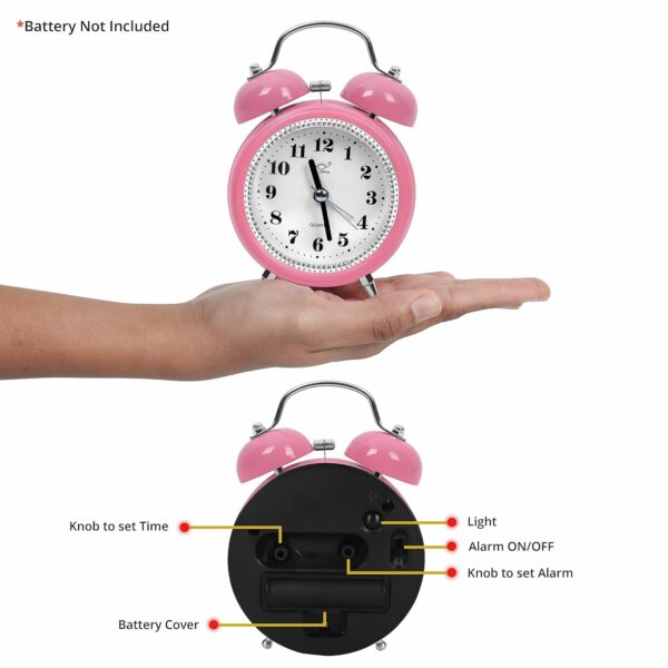 Silent Analog Desk Alarm Clock with Night Light - Pink - Image 3
