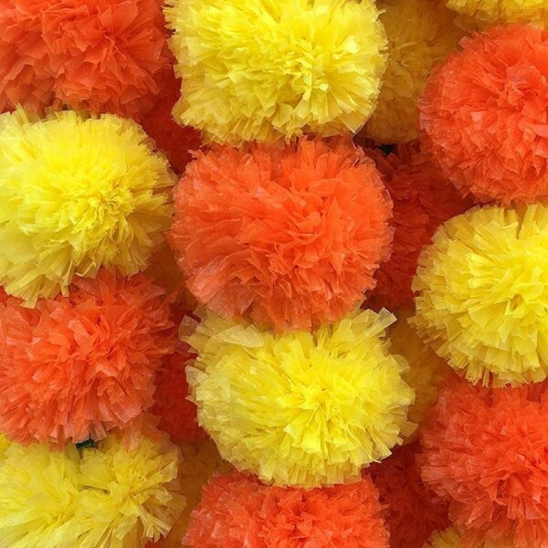 10 Pcs Handmade Artificial Marigold Garland for Festivals - Yellow & Orange with Bells - Image 4