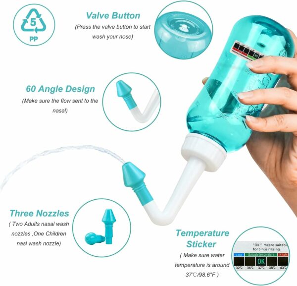 300ML Sinus Rinse Bottle for Adults & Kids - Nasal Irrigation with 2 Nozzles - Image 4