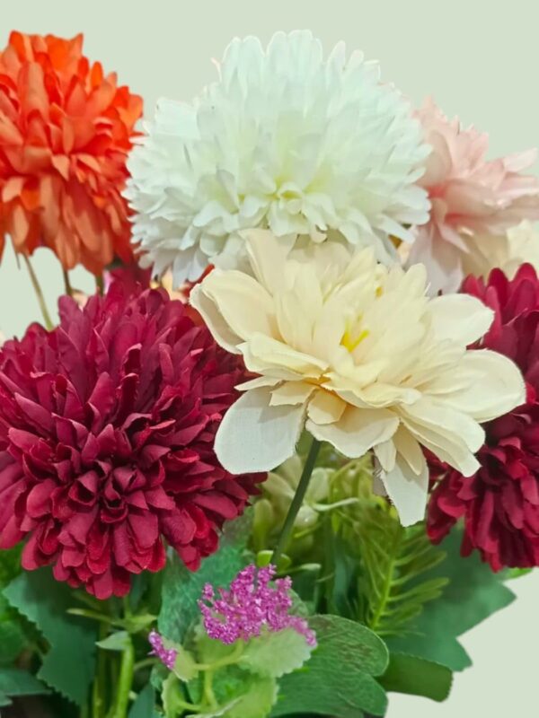 Artificial Dahlia Flower Bunch with Wooden Pot - 25cm Multicolor - Image 3