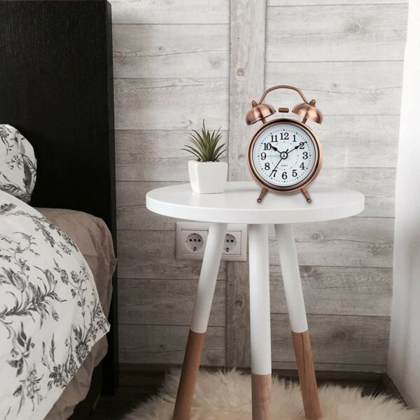 Twin Bell Copper Alarm Clock with LED Light - Vintage Rose Gold - Image 4