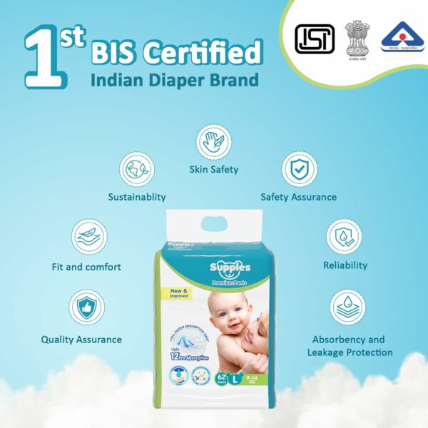 Supples Premium Baby Diaper Pants, Large, 62 Count, 12 Hrs Absorption - Image 4