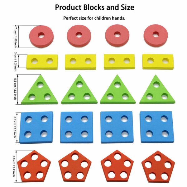 Kids Wooden Geometric Blocks Stacker Shape Sorter - 5 Columns - Image 3