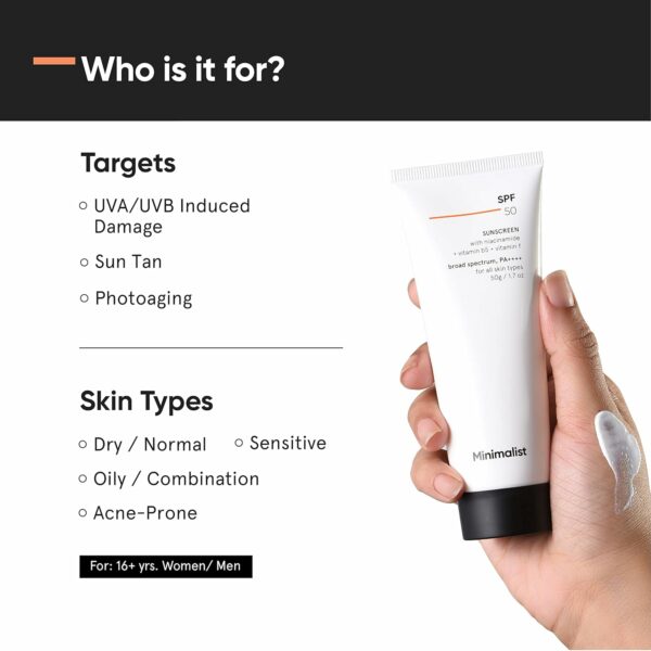 Minimalist Sunscreen SPF 50 PA++++ | Lightweight Cream with Multi-Vitamins | No White Cast | 50g - Image 3