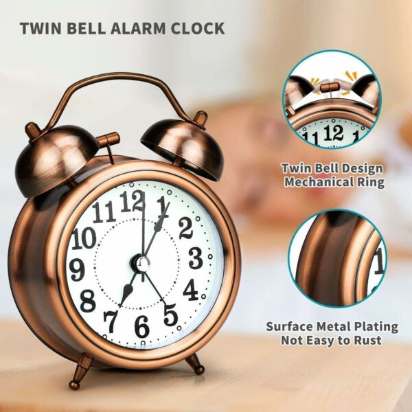 Vintage Table Alarm Clock with Night LED Light - Copper - Image 2