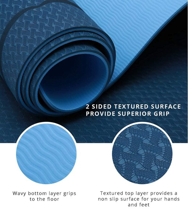 6mm Thick TPE Yoga Mat with Carry Bag & Strap - Blue - Image 5