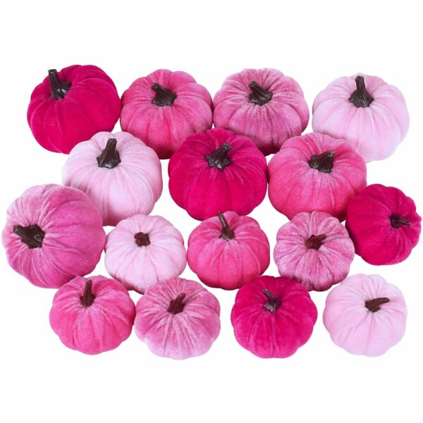 Set of 16 Faux Velvet Pumpkins in Pink for Fall Decor - Image 2