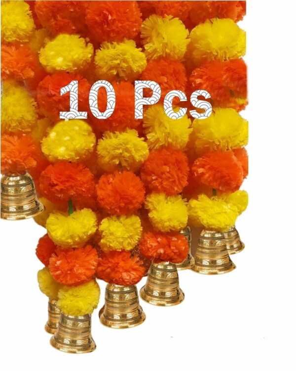 10 Pcs Handmade Artificial Marigold Garland for Festivals - Yellow & Orange with Bells - Image 2