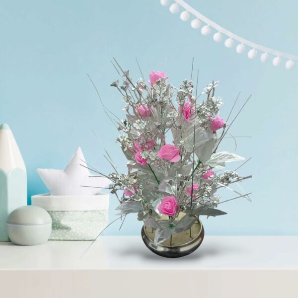 Artificial Pink Flower Pot with Silver Leaf - 40cm Home Decor - Image 4