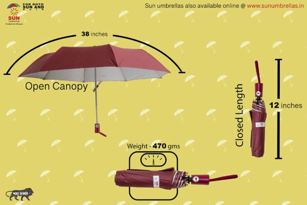 3 Fold Automatic Open Umbrella - UV Protection - Maroon - Image 4