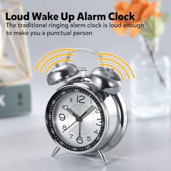 Loud Twin Bell Alarm Clock for Heavy Sleepers - Metal Silver - Image 4