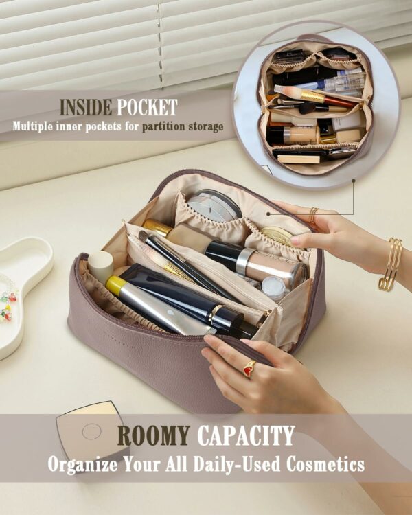 Large Capacity Litchi Leather Makeup Bag for Women - Pink - Image 3