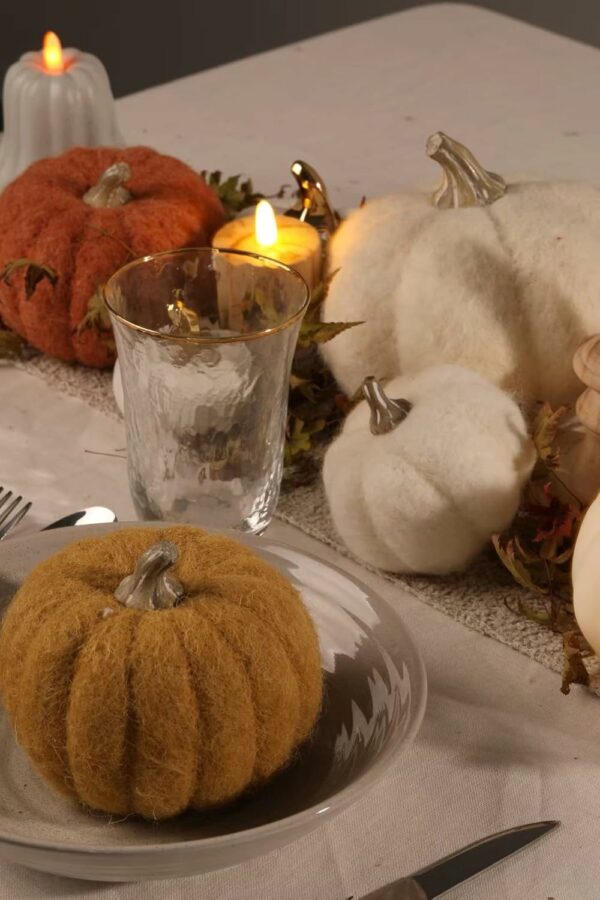 Handmade Yellow Woollen Pumpkin Set of 2 for Fall Decor - Image 3